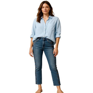 A.Z.I Jeans Womens 8 Blue Denim Cropped Studded Embellished High Rise Raw Hem